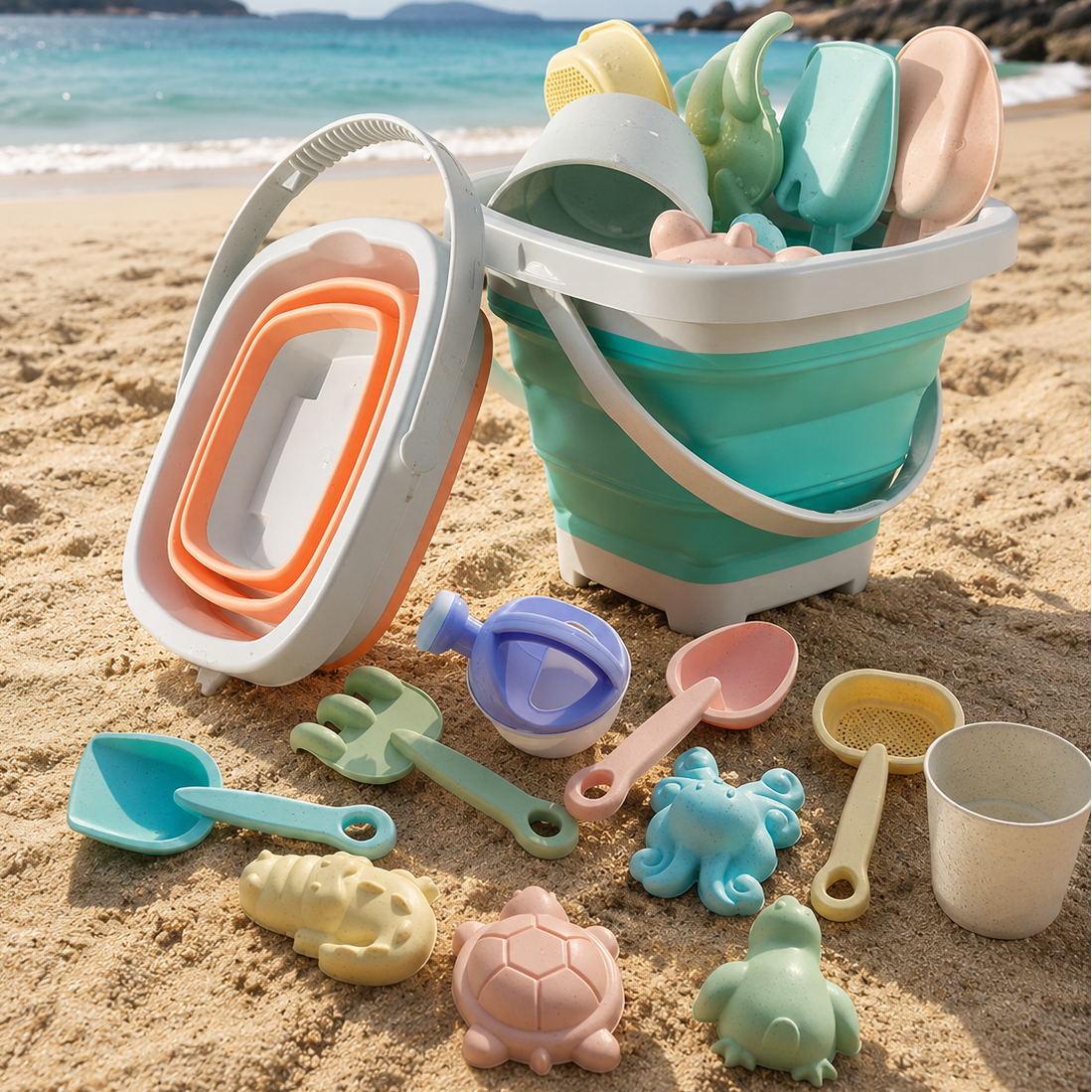 A beach toy set arranged on sandy shore with the ocean and hills in the background. The set includes a collapsible bucket, a stack of fold-out trays, several small shovels and molds, and sea turtle and fish-shaped toys.